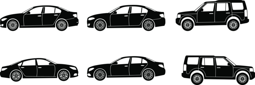 Collection of black car silhouettes featuring modern sedan and luxury SUV side view profiles for automotive design and icons