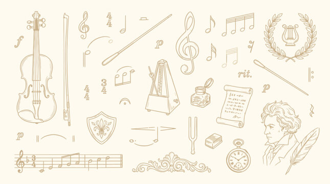 An artistic collection of vintage musical instruments, notation, and composer portraits, rendered in a sepia-toned sketch style.