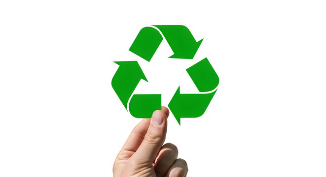 Hand pressing green recycling symbol button