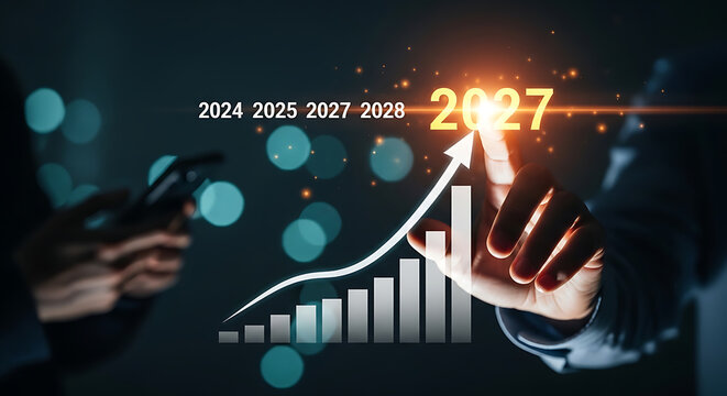 A hand touching a digital bar chart showing upward financial growth with the year 2027 highlighted in glowing text on a dark blurred background