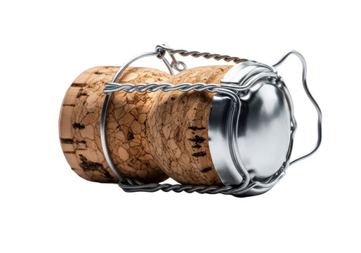 Used champagne cork with its silver muselet isolated on a brilliant white background with a soft shadow. Concept of celebration and success