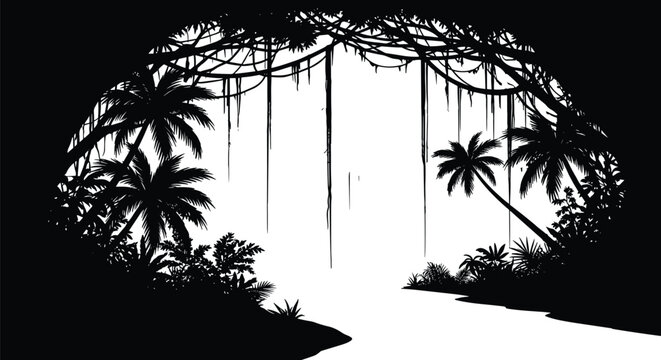 Tropical jungle frame silhouette with palm trees and hanging vines in exotic landscape.