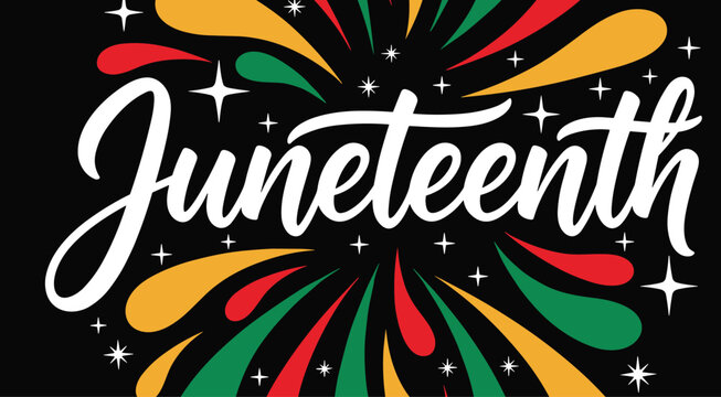 Juneteenth typography decorated with festive fireworks honors the historical significance of emancipation.