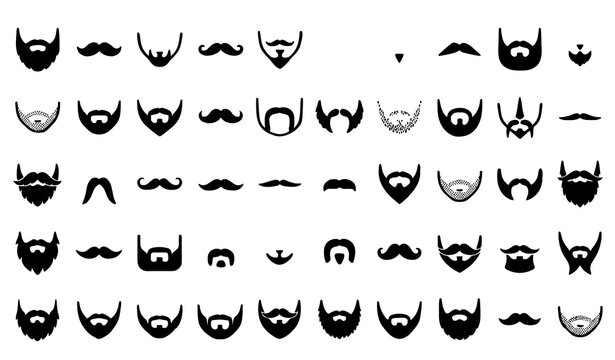 Facial hair icon set with various beard styles mustaches goatees stubble sideburns and grooming options for men's fashion and barbershop branding