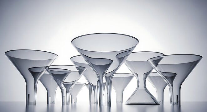 Collection of clear martini glasses modern barware design for cocktails and celebrations isolated on a clean studio background