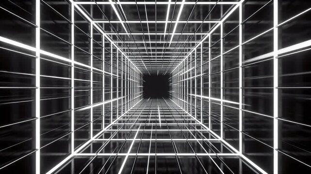 Abstract geometric tunnel with white lines on black background