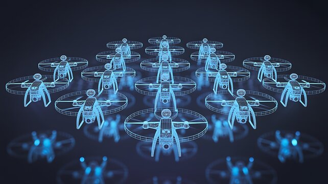 Swarm of futuristic digital wireframe drones flying in formation against a dark background