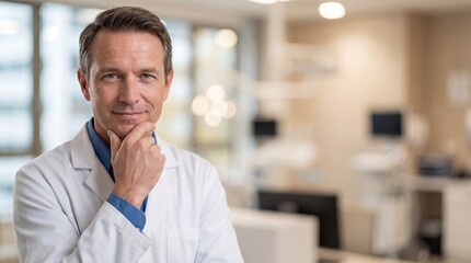 Naklejka premium Mature Male Doctor in White Coat with Hand on Chin in Modern Medical Clinic