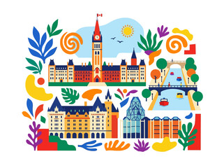 Naklejka premium Flat 2D vector illustration of Ottawa cityscape with Parliament Hill, canals, and colorful abstract shapes, representing Canadian culture and travel.