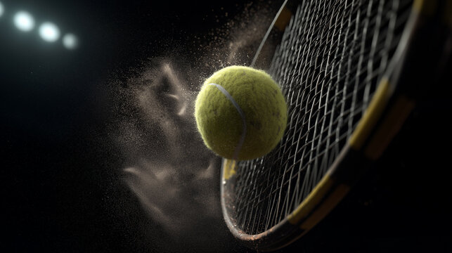 Close up of tennis ball hitting racket during intense match under stadium lights