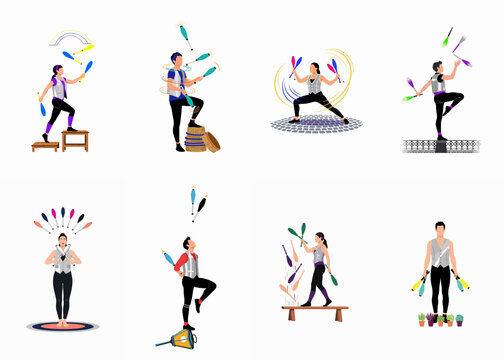 Set of flat illustrations featuring professional circus performers, both men and women, juggling clubs in diverse dynamic poses and balancing on various platforms.