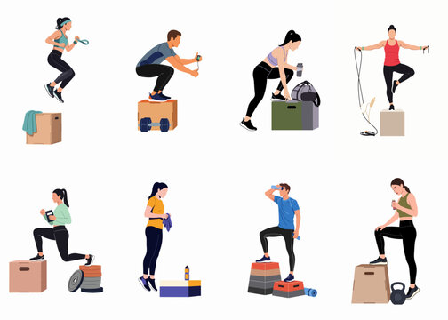 Diverse Vector Set of People Exercising with Plyometric Boxes, Weights, and Fitness Equipment for Gym and Crossfit Training