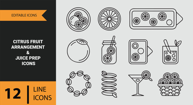 Citrus fruit arrangement juice preparation outline icon collection