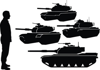 Black Silhouette Set of Military Tanks and a Soldier Standing in Profile Isolated on White Background © Mokbul