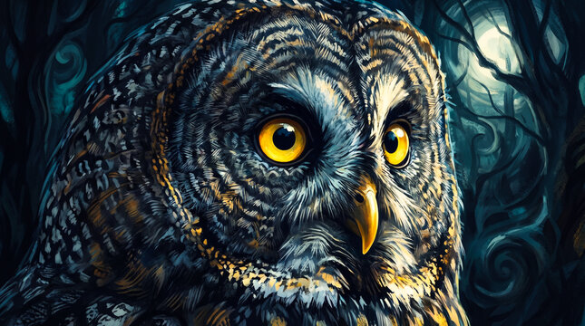 Intense gaze of a great horned owl in a mystical dark forest setting