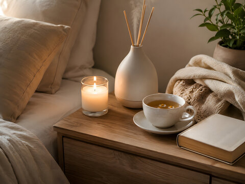 Cozy bedside table with candle tea cup diffuser book and warm neutral bedroom decor