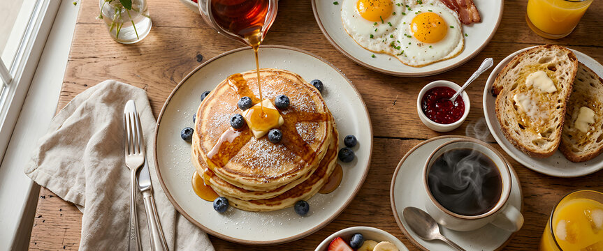 A delicious breakfast spread featuring pancakes topped with syrup and blueberries, served with eggs, bacon, bread, fruit, coffee, and juice.