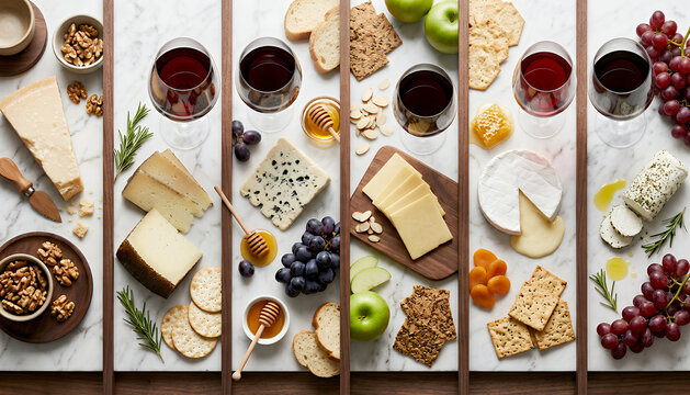 An elegant arrangement of various cheeses, fruits, crackers, and nuts, paired with glasses of red wine on a marble surface, perfect for gatherings.