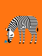 Naklejka premium Stylized Zebra Smelling Flower Vector Illustration, Modern Geometric Pattern Animal Design, Artistic Zebra Silhouette on Orange Background