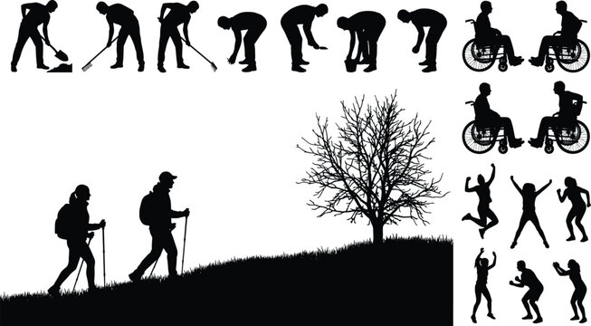 Black Silhouette Set of People Outdoor Activities Including Hiking, Gardening, Wheelchair Users, and Jumping Figures