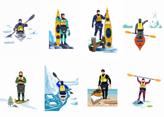 Vector illustration set of adventurous people sea kayaking in cold arctic environments featuring glaciers, icebergs, and professional paddling gear. © Sri
