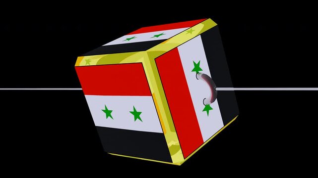 Syria flag cube rotating on axis, Syrian national colors on 3D geometric shape, red white and black patriotic symbol with green stars isolated on Transparent Background