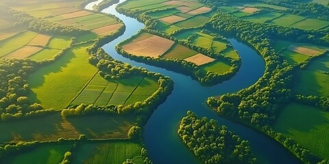 Fototapeta premium Aerial view of winding river flowing through green agricultural fields and forests.