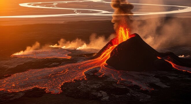 Erupting volcano spewing lava and ash, sunset