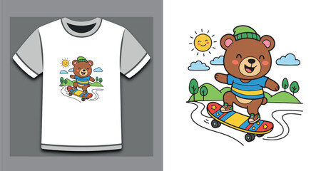 Cute teddy bear character riding a colorful skateboard in a sunny park doodle illustration for kids t-shirt design © Arshad