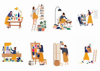 Naklejka premium Set of illustrations featuring a female interior designer working on various home decoration and renovation projects in her studio.