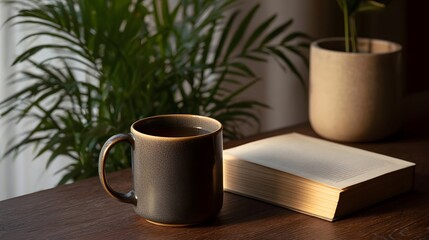 Fototapeta premium A quiet moment of reflection featuring a ceramic mug of hot beverage beside an open book and lush green plant on a wooden surface