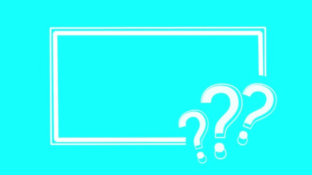 A white rectangular frame draws on a cyan background next to three bouncing white question mark icons.