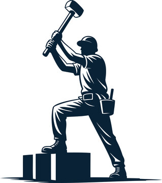 Man in a cap holding a large sledgehammer standing on a block isolated on transparent background