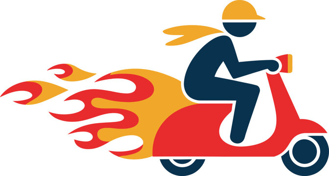 Man riding red scooter with flames coming out of back and wearing yellow helmet