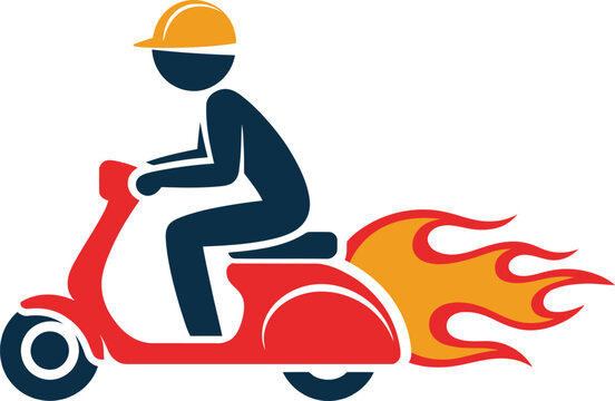 Man riding red scooter with flames coming out the back and wearing yellow helmet