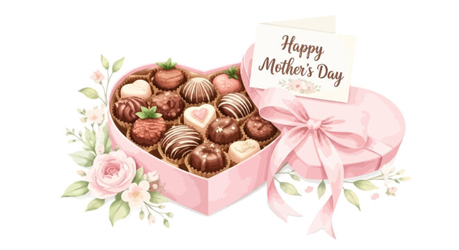 Mother's Day chocolates in heart shaped box with pink ribbon and flowers