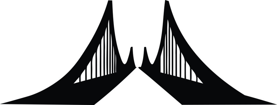 Symmetrical silhouette of a suspension bridge with tall towers and cables  architectural design element
