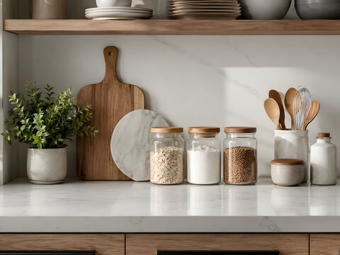 Title: Modern kitchen organization with glass storage jars wooden utensils and neutral decor