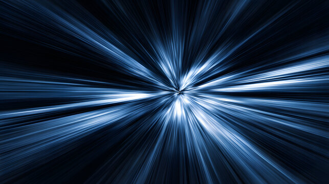 Blue abstract motion blur burst radial light streaks converging to center