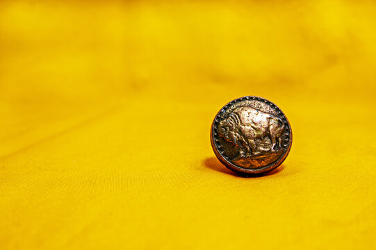 Old buffalo concho on yellow background