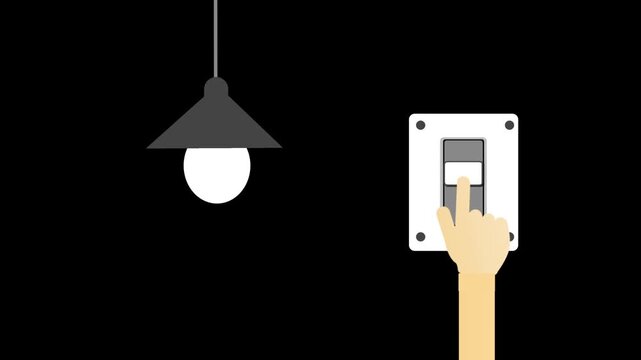 A flat 2D animation of a hand flipping a wall switch to turn a hanging light bulb on and off against a solid background.