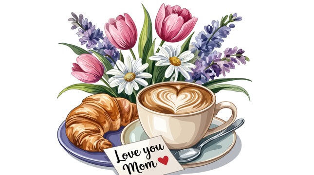 Mother's Day illustration with coffee croissant flowers and love note