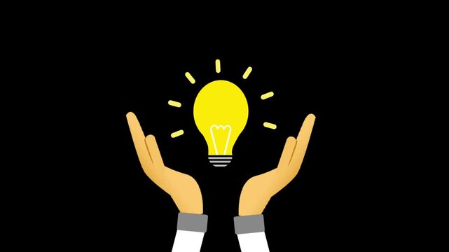 Two pairs of hands cup a glowing yellow light bulb with a black background.