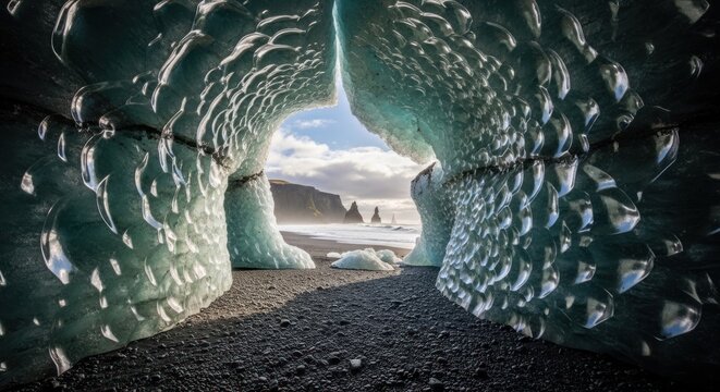 Glistening ice cave reveals beach view
