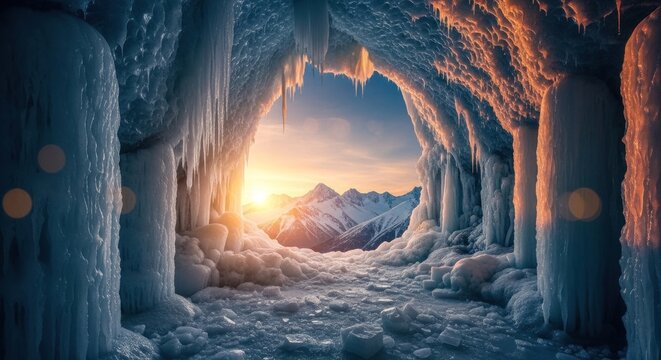 Glacial ice cave with frozen formations and sunset