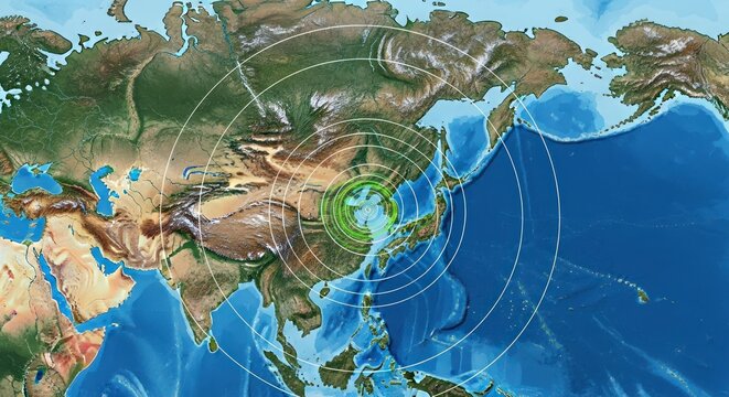 Global map showing seismic activity radiating outwards
