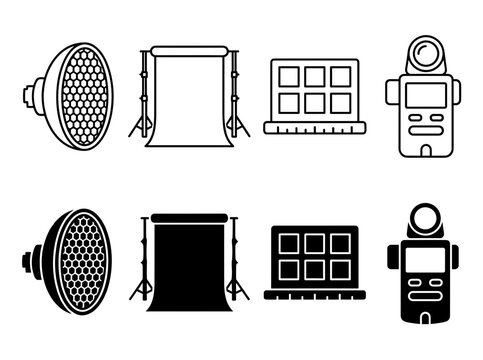 Photography Professional Studio Lighting Icons Set Isolated on White Background, Softbox, Backdrop, LED Panel and Light Meter Vector Symbols