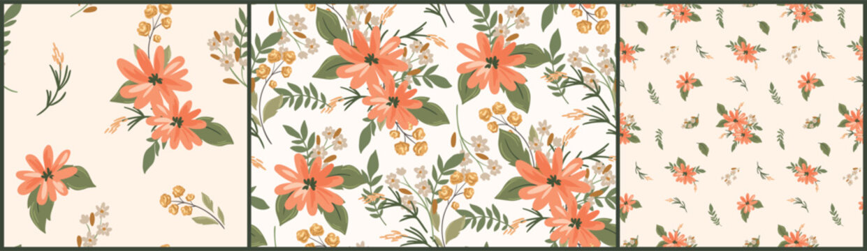 Seamless floral pattern, abstract ditsy print of delicate painted plants in pastel colors. Romantic botanical design of small hand drawn flowers, tiny leaves, bouquets on white. Vector illustration.