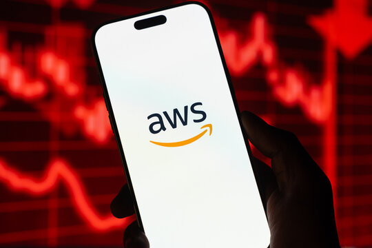 Amazon web services or AWS logo is displayed on the screen of a smartphone, in Bangalore, India, on May 11, 2026