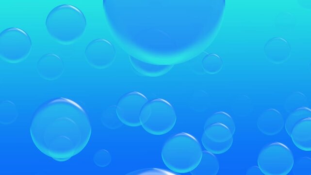 Translucent blue bubbles float and drift across a vibrant teal and blue gradient background.